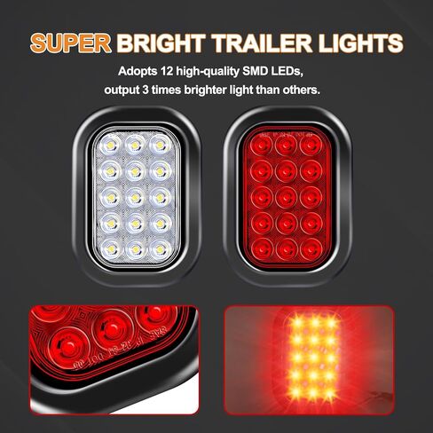 6 قطع مصابيح LED للمقطورة مقاس 5 × 3 بوصات، 12 مصباح SMD LED أبيض/أحمر، فرامل/انعطاف/عكس/ذيل، مقاومة للماء IP67، تركيب متدفق مع حلقات ومقابس لشاحنة RV 12 فولت (4 أحمر + 2 أبيض) in Saudi Arabia