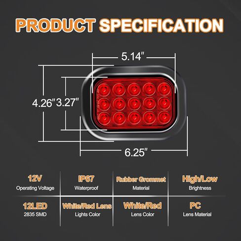 6 قطع مصابيح LED للمقطورة مقاس 5 × 3 بوصات، 12 مصباح SMD LED أبيض/أحمر، فرامل/انعطاف/عكس/ذيل، مقاومة للماء IP67، تركيب متدفق مع حلقات ومقابس لشاحنة RV 12 فولت (4 أحمر + 2 أبيض) in Saudi Arabia