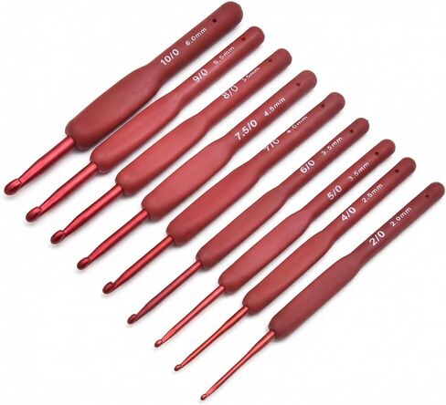 Crochet Hooks Set with Soft Silicone Handles Nine Sizes 2.0–6.0 mm Red Aluminum Needles for Yarn Crafts Smooth Tip for Amigurumi Scarves Blankets DIY Projects One Piece Set in Kuwait