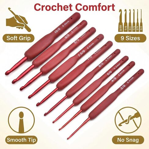 Crochet Hooks Set with Soft Silicone Handles Nine Sizes 2.0–6.0 mm Red Aluminum Needles for Yarn Crafts Smooth Tip for Amigurumi Scarves Blankets DIY Projects One Piece Set in Kuwait