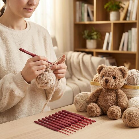 Crochet Hooks Set with Soft Silicone Handles Nine Sizes 2.0–6.0 mm Red Aluminum Needles for Yarn Crafts Smooth Tip for Amigurumi Scarves Blankets DIY Projects One Piece Set in Kuwait