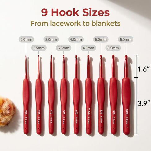 Crochet Hooks Set with Soft Silicone Handles Nine Sizes 2.0–6.0 mm Red Aluminum Needles for Yarn Crafts Smooth Tip for Amigurumi Scarves Blankets DIY Projects One Piece Set in Kuwait