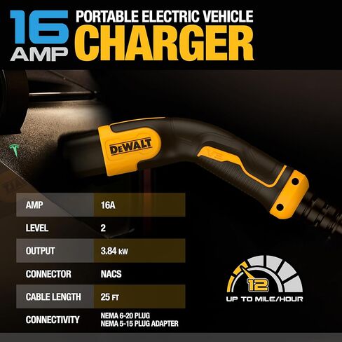 شاحن EV المحمول من المستوى 1 و2 من DEWALT بقدرة 12-16 أمبير، معتمد من CSA داخلي/خارجي، متوافق مع NACS لسيارات Tesla EVs، NEMA 6-20 مع محول 5-15 وحقيبة سفر، كابل بطول 25 قدمًا in Kuwait