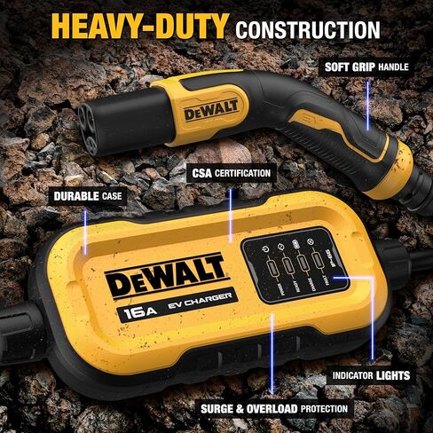 شاحن EV المحمول من المستوى 1 و2 من DEWALT بقدرة 12-16 أمبير، معتمد من CSA داخلي/خارجي، متوافق مع NACS لسيارات Tesla EVs، NEMA 6-20 مع محول 5-15 وحقيبة سفر، كابل بطول 25 قدمًا in Kuwait