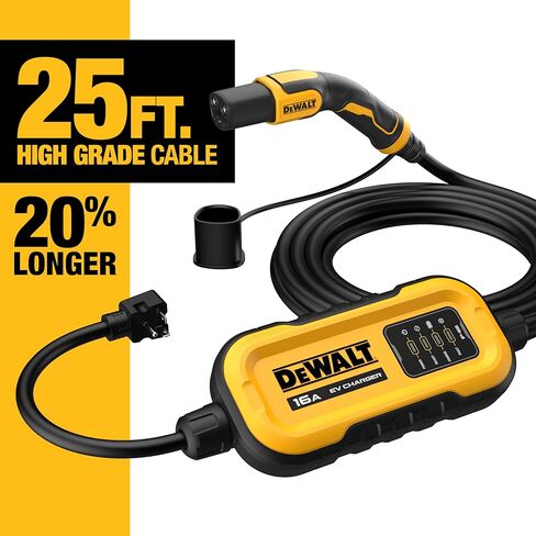 شاحن EV المحمول من المستوى 1 و2 من DEWALT بقدرة 12-16 أمبير، معتمد من CSA داخلي/خارجي، متوافق مع NACS لسيارات Tesla EVs، NEMA 6-20 مع محول 5-15 وحقيبة سفر، كابل بطول 25 قدمًا in Kuwait