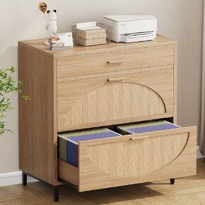 Vabches Lateral File Cabinet with 3 Drawers, Modern Rattan File Cabinet for Legal/Letter/A4 Size Hanging Files, Large Wood Printer Stand Home Office, Natural in Saudi Arabia