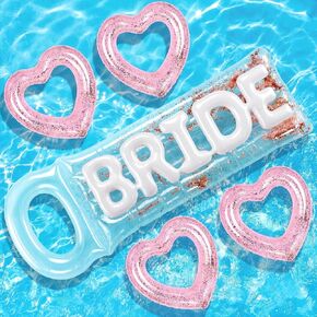 Junkin 5 Pcs Bachelorette Pool Floats Set Include 72" x 20" Inflatable Glitter Bride Pool Float and 4 Heart Beach Floats, Outdoor Swimming Bachelorette Party Decors for Summer Beach in Saudi Arabia