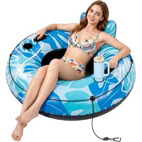 HLDIRECT Inflatable River Tube for Adults - 53" Heavy Duty River Float with 2 Deep Cup Holders & Ergonomic Backrest, Floating Tubes with 2 Handles & Grab Rope for Pool, Lake or Lazy River in Saudi Arabia