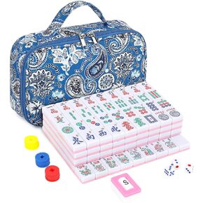 بلاط Suncle American Mahjong، 166 بلاطًا من الأكريليك الأبيض والوردي، مجموعة ألعاب Mahjong مع حقيبة سفر محمولة، باستثناء رفوف Mahjong in Kuwait
