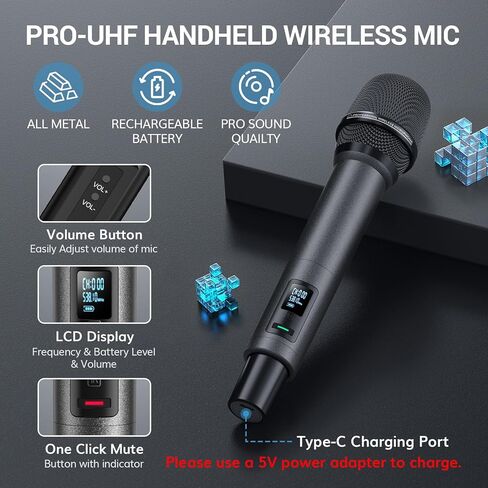 ميكروفونات TONOR اللاسلكية، ميكروفونات كاريوكي لاسلكية قابلة لإعادة الشحن UHF، ميكروفونات ديناميكية 2 × 20 قناة احترافية للغناء في حفل زفاف الكنيسة مع حجم قابل للتعديل، كتم صوت سريع، 262 قدمًا TW520 in Kuwait