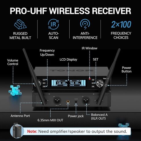 ميكروفونات TONOR اللاسلكية، ميكروفونات كاريوكي لاسلكية قابلة لإعادة الشحن UHF، ميكروفونات ديناميكية 2 × 20 قناة احترافية للغناء في حفل زفاف الكنيسة مع حجم قابل للتعديل، كتم صوت سريع، 262 قدمًا TW520 in Kuwait