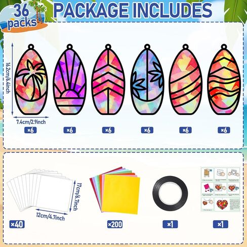 36 Set Summer Suncatchers Crafts for Kids DIY Surfboard Shape Window Tissue Paper Crafts Kit Hawaiian Tropical Summer Hanging Decor for Beach Surf Party School Home Activity Art Project Favor Gift in Kuwait