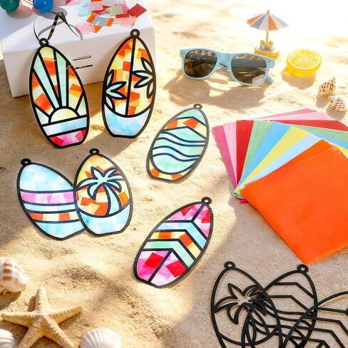 36 Set Summer Suncatchers Crafts for Kids DIY Surfboard Shape Window Tissue Paper Crafts Kit Hawaiian Tropical Summer Hanging Decor for Beach Surf Party School Home Activity Art Project Favor Gift in Kuwait