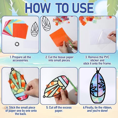 36 Set Summer Suncatchers Crafts for Kids DIY Surfboard Shape Window Tissue Paper Crafts Kit Hawaiian Tropical Summer Hanging Decor for Beach Surf Party School Home Activity Art Project Favor Gift in Kuwait