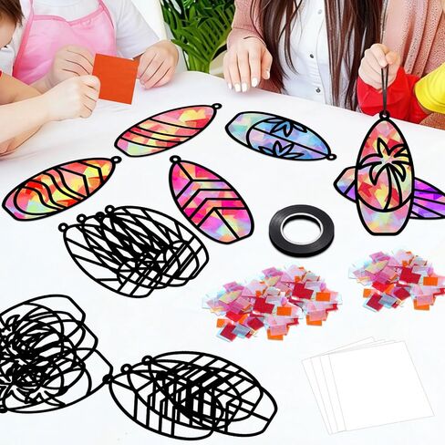 36 Set Summer Suncatchers Crafts for Kids DIY Surfboard Shape Window Tissue Paper Crafts Kit Hawaiian Tropical Summer Hanging Decor for Beach Surf Party School Home Activity Art Project Favor Gift in Kuwait