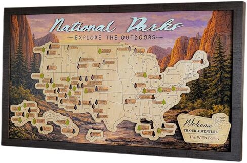 US National Parks Wooden Travel Map & Visit Tracker – Landscape Edition (Mountain sunset, Size XL: 27 x 17 inch) in Saudi Arabia