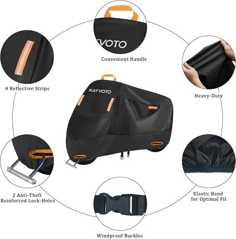 Motorcycle Cover 420D Heavy Duty | All Season Waterproof Outdoor Weather Sun Rain Protection Powersports Vehicle Cover | with 4 Reflective Tape, Lock-Holes, Storage Bag fits up to 86.6" in Kuwait