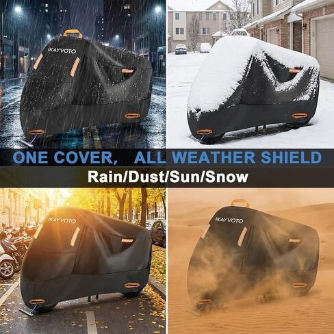 Motorcycle Cover 420D Heavy Duty | All Season Waterproof Outdoor Weather Sun Rain Protection Powersports Vehicle Cover | with 4 Reflective Tape, Lock-Holes, Storage Bag fits up to 86.6" in Kuwait