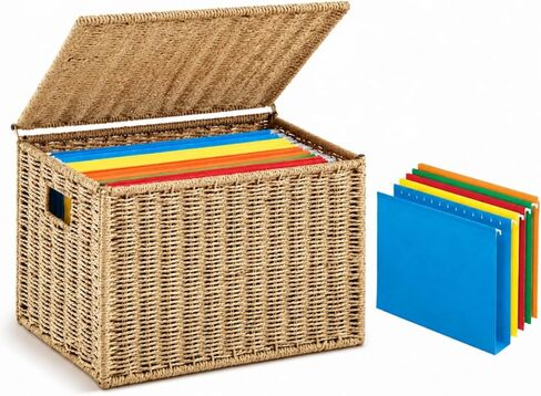 Jingmore Paper Rope File Box Organizer with 25 Hanging File Folders, Collapsible Letter Size Filing Storage Box with Lid, Handwoven Document Basket, Decorative Document Storage for Office & Home in Kuwait
