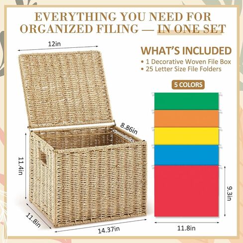 Jingmore Paper Rope File Box Organizer with 25 Hanging File Folders, Collapsible Letter Size Filing Storage Box with Lid, Handwoven Document Basket, Decorative Document Storage for Office & Home in Kuwait