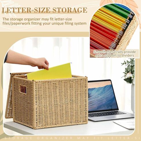 Jingmore Paper Rope File Box Organizer with 25 Hanging File Folders, Collapsible Letter Size Filing Storage Box with Lid, Handwoven Document Basket, Decorative Document Storage for Office & Home in Kuwait