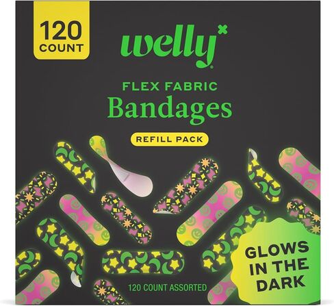 Welly Bandage Glow-in-The-Dark Refill Pack | Adhesive Flexible Fabric Bandages | Assorted Shapes and Patterns for Minor Cuts, Scrapes, and Wounds - 120 Count in Saudi Arabia