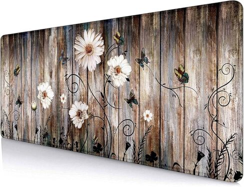 Butterfly Daisy on Wooden Extended Gaming Mouse Pad, Rustic White Flower Large Mousepad for Laptop, Anti-Slip Rubber Vintage Computer Pad Desk Pads, Desk Mats Desktop Mat Office Decor, 31.5x11.8 in in Saudi Arabia