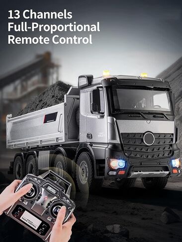 21-Inch Alloy Upgraded Version Remote Control Dump Truck 13-Channels 1/14 Scale 13 LBS Load Capacity RC Heavy Duty Metal Construction Vehicles Toy for 14Y+ (8-Wheels) in Kuwait