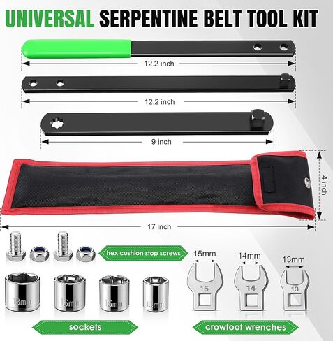 Meonum 13Pcs Universal Serpentine Belt Tool Kit with Bag, Includes 3/8" & 1/2" Drive Belt Adjust Tightener Wrench, 4 Shallow Sockets, 3 Crowfoot, 2 Pairs Hex Cushion Stop Screw, Automotive Maintenance in Saudi Arabia