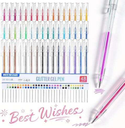 48 Colors Glitter Gel Pens for Adult Coloring, Fine Tip Sparkly Gel Ink Pens Set,Gel Glitter Pens - Smooth Writing Glitter Pens for Journaling, Drawing, Crafts, Doodling Art Supplies on Black Paper in Saudi Arabia
