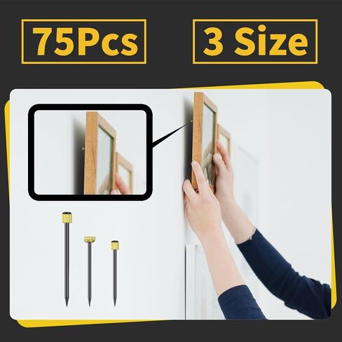 75PCS Picture Hanging Nails - 3 Sizes (Small/Medium/Large) Wall Decor Nails, Steel Pin & Brass Head Hardware for Hanging Picture Frames, Wall Art & Photos, with Plastic Storage Box (Black) in Saudi Arabia