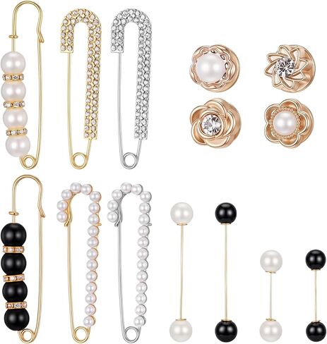 14pcs Pearl Brooch Pins Safety Pins Decorative Safety Pin Pant Waist Tightener Small Pin for Sweater Shawl Shirt Skirts Dresses Pants Sleeves Hats Collars Scarves Bags Wedding Gold Silver Blac in Kuwait