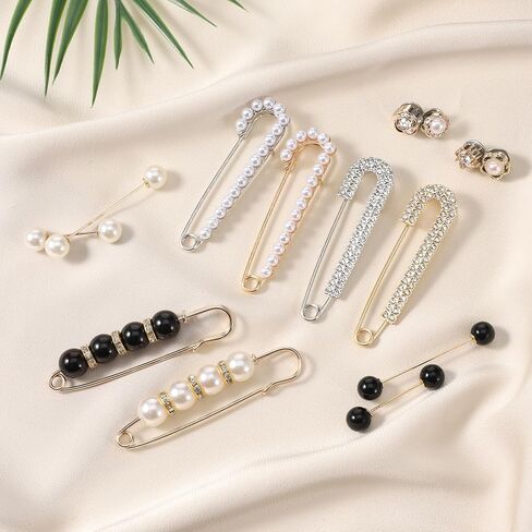 14pcs Pearl Brooch Pins Safety Pins Decorative Safety Pin Pant Waist Tightener Small Pin for Sweater Shawl Shirt Skirts Dresses Pants Sleeves Hats Collars Scarves Bags Wedding Gold Silver Blac in Kuwait