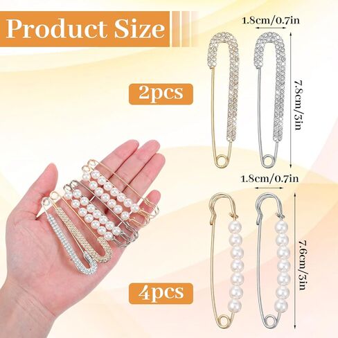 6PCS Rhinestone Safety Pins, Pearl Brooch Pins, Fancy Safety Pin for Clothes Faux Pearl Rhinestones Brooches for Women Clothes Decoration DIY Craft in Kuwait