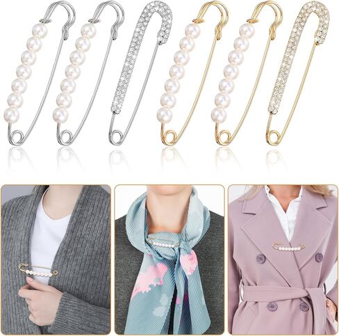 6PCS Rhinestone Safety Pins, Pearl Brooch Pins, Fancy Safety Pin for Clothes Faux Pearl Rhinestones Brooches for Women Clothes Decoration DIY Craft in Kuwait