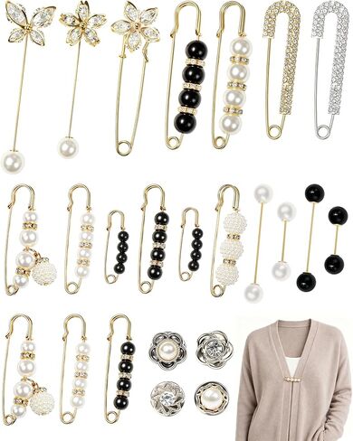 24 Pcs FIVEIZERO Pearl Brooch, Pant Waist Tightener Safety Pin Double Faux Pearl Brooches for Women Girls Fashion Cover Up Buttons and Clothes Sweater Shawl Collar Dress Cardigan Shirt Jeans Decoration Accessories(Chic) in Kuwait