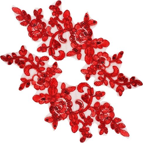 PAGOW 2pcs Embroidery Sequin Lace Applique, Red Lace Floral Embroidered Applique Patches, Sewing on Wedding Appliques Embellishments Trim Patches for Bridal Dress, Clothes, Crafts, Decoration in Kuwait