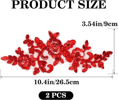 PAGOW 2pcs Embroidery Sequin Lace Applique, Red Lace Floral Embroidered Applique Patches, Sewing on Wedding Appliques Embellishments Trim Patches for Bridal Dress, Clothes, Crafts, Decoration in Kuwait