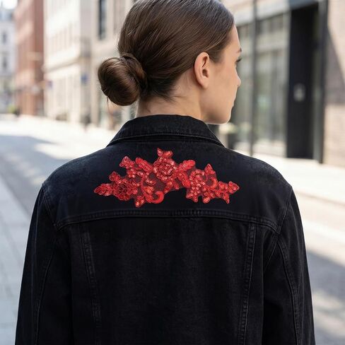 PAGOW 2pcs Embroidery Sequin Lace Applique, Red Lace Floral Embroidered Applique Patches, Sewing on Wedding Appliques Embellishments Trim Patches for Bridal Dress, Clothes, Crafts, Decoration in Kuwait
