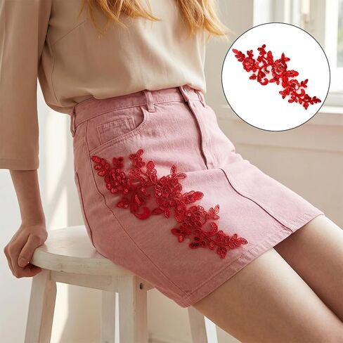 PAGOW 2pcs Embroidery Sequin Lace Applique, Red Lace Floral Embroidered Applique Patches, Sewing on Wedding Appliques Embellishments Trim Patches for Bridal Dress, Clothes, Crafts, Decoration in Kuwait
