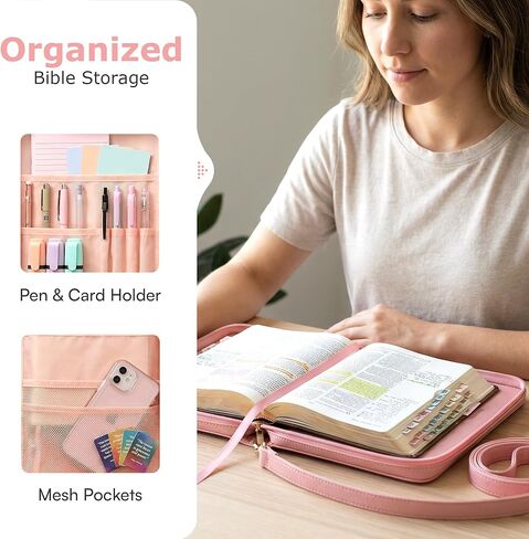 Bible Cover Case for Women - Bible Case with Shoulder Strap, Pink Bible Cover Standard Size Featuring Book Protector with Turn Lock Closure - Durable & Travel Friendly Design that Fits Most Bibles in Kuwait