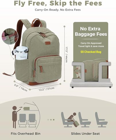 ECOHUB Aesthetic Sage Green Backpack, Corduroy Laptop Bag for Women fits 15.6 Inch Computer, Vintage Travel Backpack with 30oz Tumbler Holder, College School Bag Carry On, Sage Green in Saudi Arabia