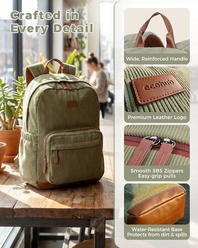 ECOHUB Aesthetic Sage Green Backpack, Corduroy Laptop Bag for Women fits 15.6 Inch Computer, Vintage Travel Backpack with 30oz Tumbler Holder, College School Bag Carry On, Sage Green in Saudi Arabia