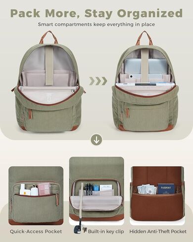 ECOHUB Aesthetic Sage Green Backpack, Corduroy Laptop Bag for Women fits 15.6 Inch Computer, Vintage Travel Backpack with 30oz Tumbler Holder, College School Bag Carry On, Sage Green in Saudi Arabia