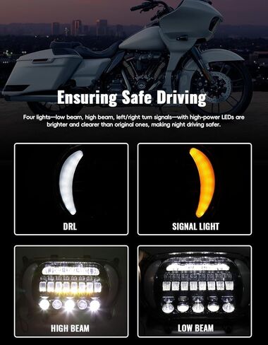 مصباح أمامي LED لدراجة Road Glide 2015-2023، مصباح أمامي مزدوج اللون مع شعاع عالٍ/منخفض، ضوء تشغيل أبيض وإشارة انعطاف لملحقات Harley Road Glide FLTRX FLTRU CVO Limited 2015-2023 in Kuwait