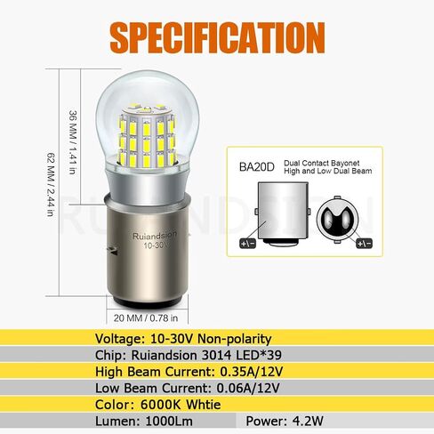 Ruiandsion LED لمبة دراجة نارية 10-30V غير قطبية 3014 39SMD شرائح مدمجة للسائق الأبيض Hi/Lo Beam لدراجة نارية الضباب ضوء حزمة من 2 in Kuwait