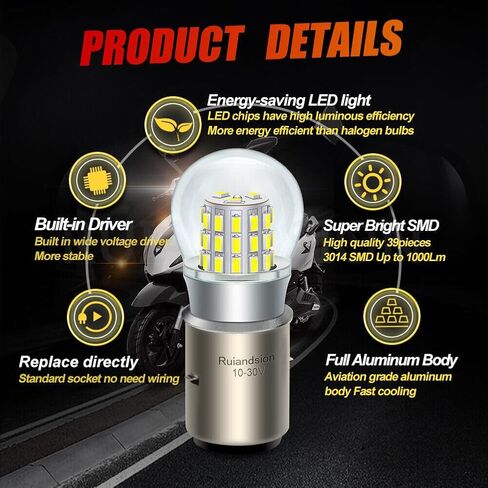 Ruiandsion LED لمبة دراجة نارية 10-30V غير قطبية 3014 39SMD شرائح مدمجة للسائق الأبيض Hi/Lo Beam لدراجة نارية الضباب ضوء حزمة من 2 in Kuwait