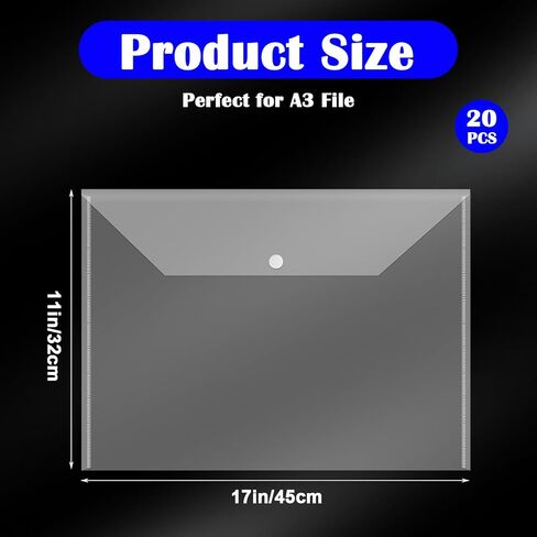 20 Pcs 11 x 17 inch A3 Document Folder Organizers Clear Large Plastic Envelopes Document File Storage Holder with Snap for Office Home in Kuwait