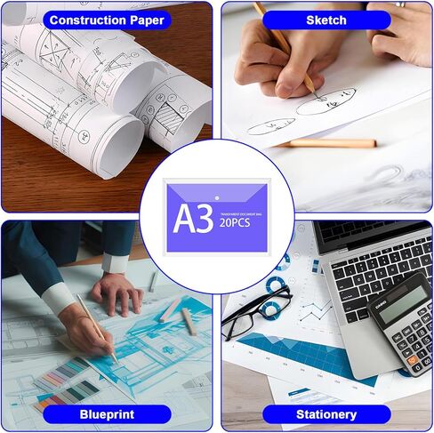 20 Pcs 11 x 17 inch A3 Document Folder Organizers Clear Large Plastic Envelopes Document File Storage Holder with Snap for Office Home in Kuwait