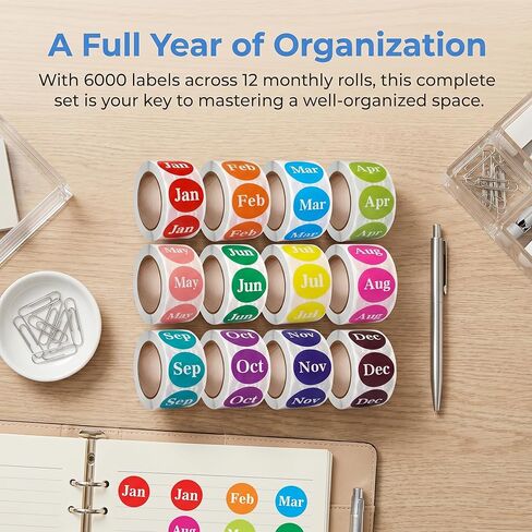 12 Rolls 6000 Labels Round Month Stickers-1 Inch Color Coded Monthly Adhesive Labels for Inventory Management and Organization, 500 Pieces Per Roll in Saudi Arabia